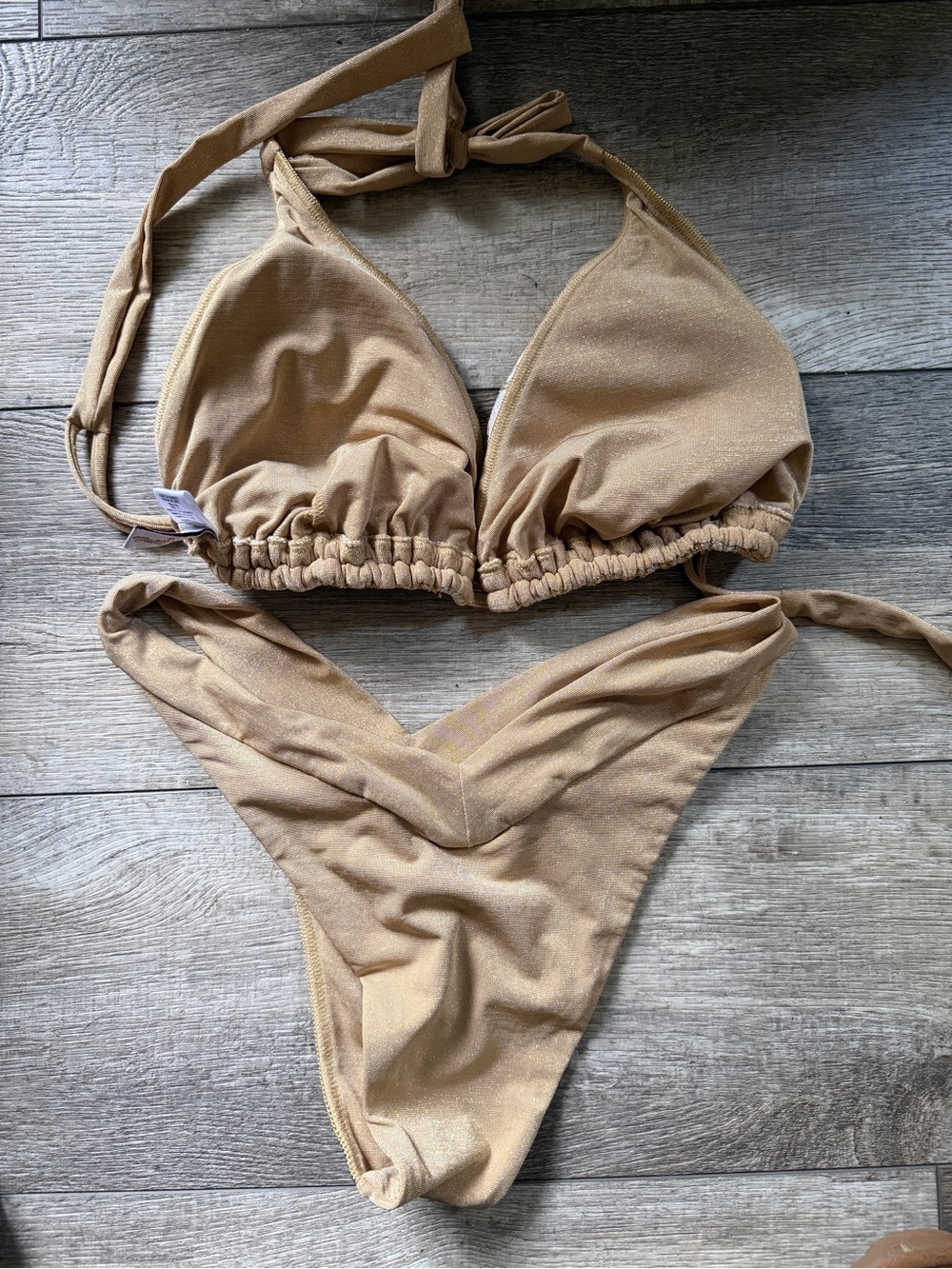 NWOT Luli Fama Tan and Gold Embroidered Bikini Set DD top/Medium Bottom - Picture 2 of 5